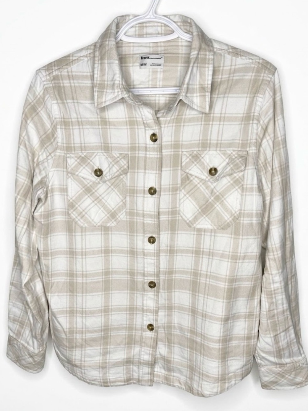 FRANK & OAK 100% Organic Cotton Flannel Shirt - Beige / Cream Plaid (Size M)